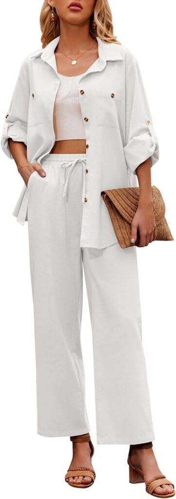 Women 2 Piece Linen Sets Button Down Shirt and Drawstring Long Pants Set Summer Outfits 613hCPNmLhL. AC SL1500 362x1024