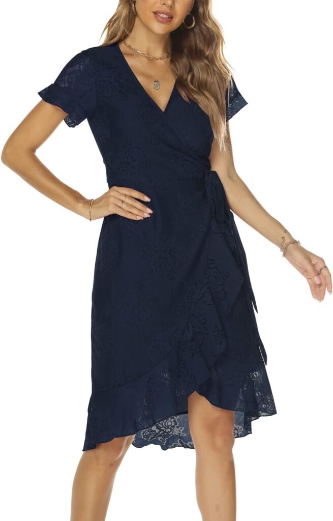 Women's Classic Floral Lace V Neck Wrap Dress Wedding Guest Ruffle Hem Split High Low Midi Cocktail Dresses 942 61GyLioYihL. AC SL1500 655x1024